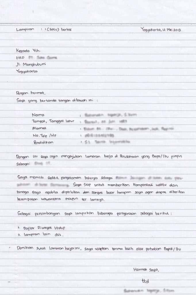 Contoh Surat Lamaran Kerja Tulis Tangan